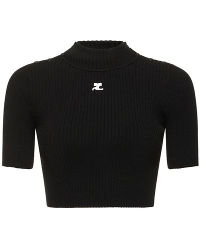 Courreges Shoulder Snaps Rib Knit Crop Sweater - Black