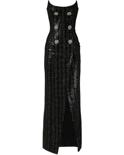 Balmain Strapless Embellished Sequined Metallic Tweed Gown - Black