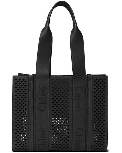Chloé Woody Perforated Grained Leather Bag - Black