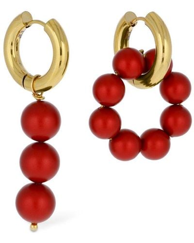 Timeless Pearly Beaded Charm Mismatched Earrings - Red