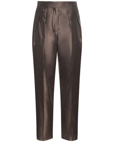 Giorgio Armani Pleated Silk High Rise Straight Pants - Gray