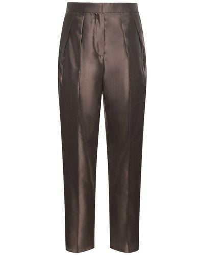 Giorgio Armani Pleated Silk High Rise Straight Pants - Grey