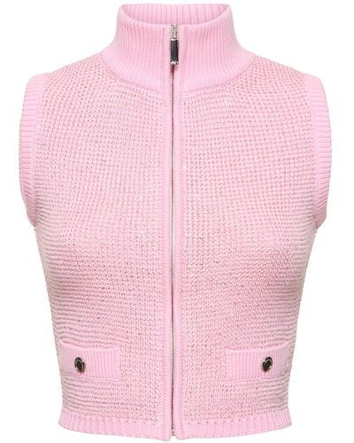 Alessandra Rich High Neck Sequined Knit Vest W/zip - Pink