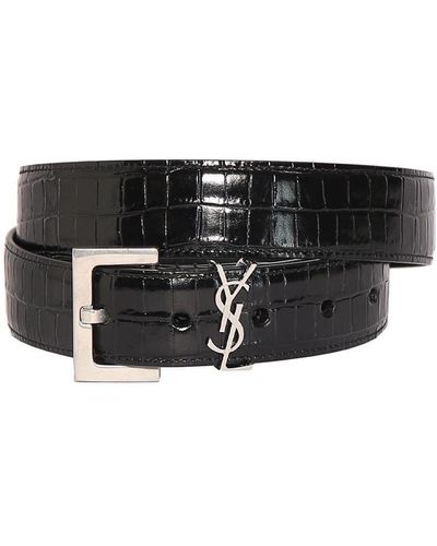 Saint Laurent 3Cm Croc Embossed Leather Belt - Black