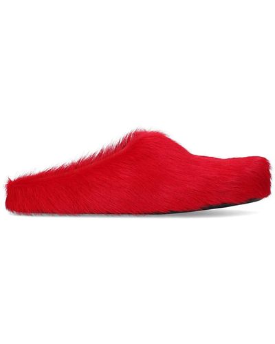 Marni Long Hair Leather Sabot Loafers - Red