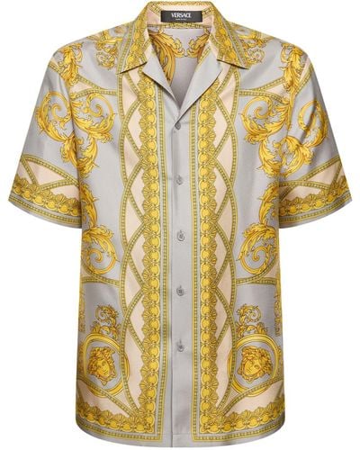Versace Baroque Print Short Sleeve Silk Shirt - Metallic