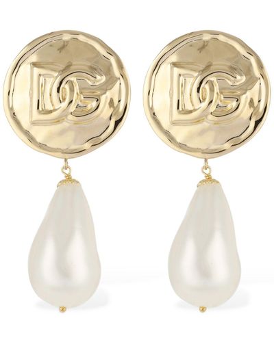 Dolce & Gabbana Coin Logo Dg Faux Pearl Clip-On Earrings - Natural