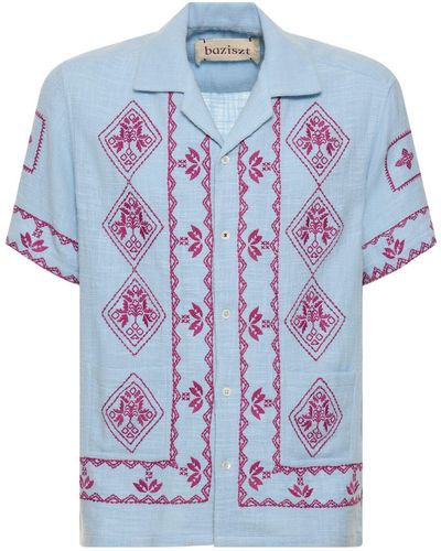 BAZISZT Embroidered Cotton Shirt - Blue