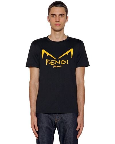 Fendi Diabolic Eyes Logo Print Cotton T Shirt - Black
