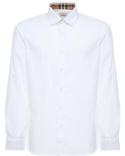 Burberry Camicia a iche lunghe con ricamo tono su tono in cotone stretch - Bianco