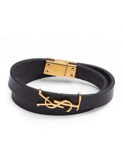 Saint Laurent Bracelet double en cuir à plaque YSL - Noir