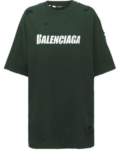 Balenciaga T-shirt Oversize In Jersey Distressed Con Logo - Verde