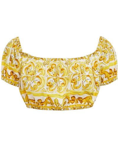 Dolce & Gabbana Maiolica Printed Poplin Cropped Top - Yellow