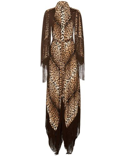 Roberto Cavalli Jaguar Print Satin Fringed Long Dress - Natural