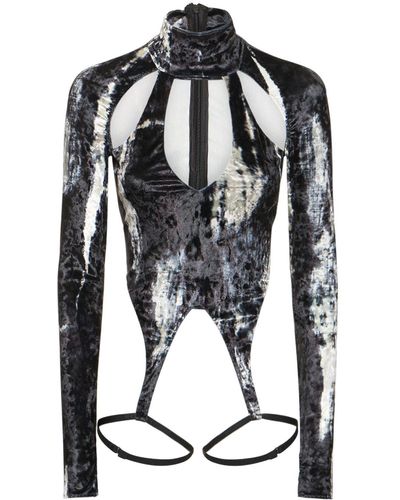 ALESSANDRO VIGILANTE Printed Velvet Top W/ Suspenders - Black