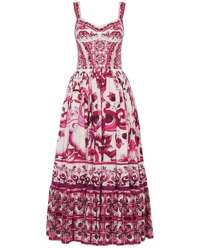 Dolce & Gabbana Langes Kleid Aus Popeline Mit Maiolikadruck - Rot