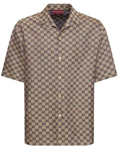 Gucci Camicia in tela di misto lino gg - Marrone