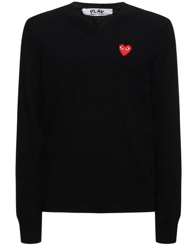 COMME DES GARÇONS PLAY Play Logo Knit Wool V-neck Sweater - Black