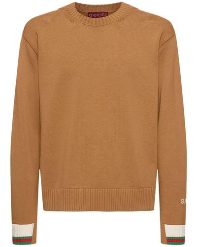 Gucci Web Detail Cotton Crewneck Sweater - ブラウン