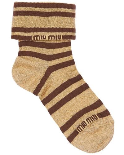 Miu Miu Logo Striped Lurex Socks - Natural