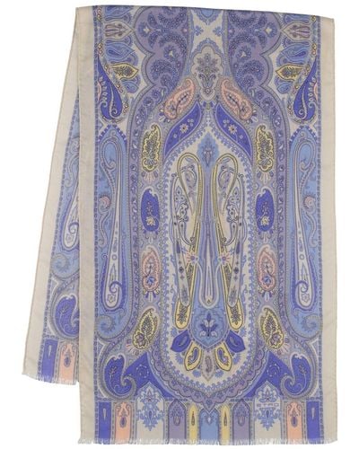 Etro Paisley Print Cashmere & Silk Scarf - Blue