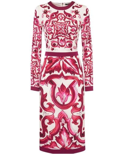 Dolce & Gabbana Maiolica Print Silk Midi Dress - Red