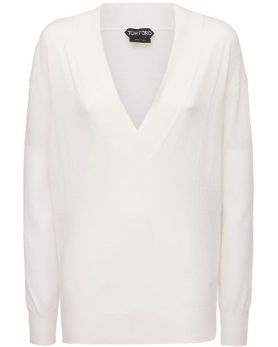Tom Ford Cashmere & Silk Knit V Neck Sweater - White