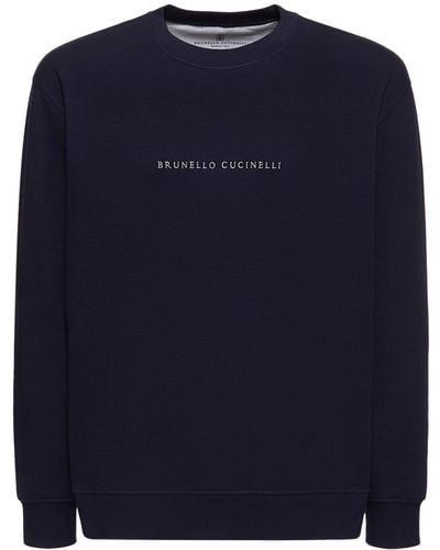 Brunello Cucinelli Embroidered Logo Cotton Sweatshirt - Blue