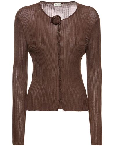 Magda Butrym Rib Knit Silk Cardigan W/Rose - Brown