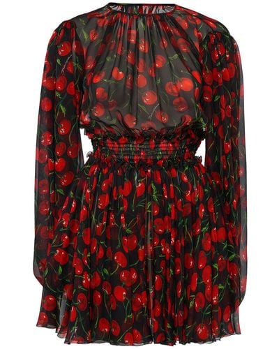 Dolce & Gabbana Cherry Print Silk Chiffon Mini Dress - Red