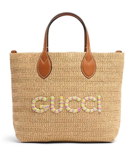 Gucci Small Raffia Tote Bag W/ Logo - Natural