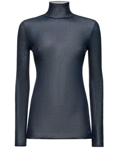 Lemaire Seamless Ribbed Silk T-Shirt - Blue