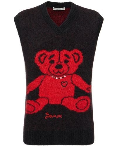 Alessandra Rich Wool Knit Vest W/ Bear And Crystals - Red