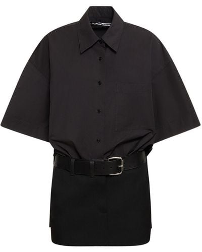 Alexander Wang Mini Cotton Shirt Dress W/ Leather Belt - Black