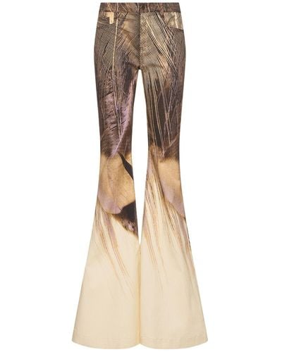 Roberto Cavalli Printed Cotton Drill Flared Trousers - Natural