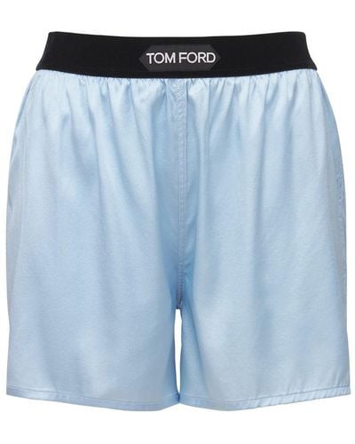 Tom Ford Shorts In Raso Di Seta Con Logo - Blu
