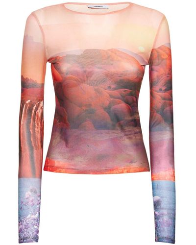 Miaou T-shirt en mesh imprimé à manches longues - Rose