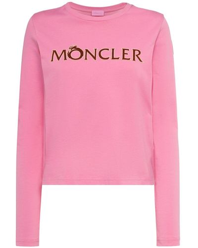 Moncler Langärmeliges T-shirt Aus Baumwolle Mit Logodruck - Pink