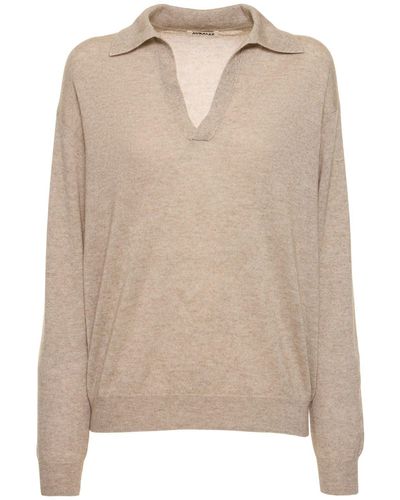 AURALEE Fine Cashmere & Silk Knit Polo Sweater - Natural