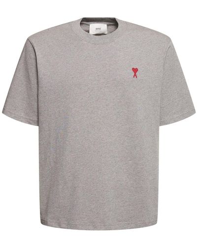 Ami Paris T-shirt in jersey di cotone con logo ricamato - Grigio