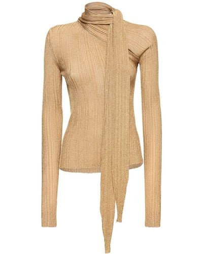 Rabanne Pleated Lurex Long Sleeve Top W/ Scarf - Natural