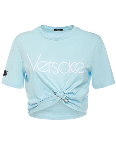 Versace Logo Jersey Crop T-Shirt W/Knot - Blue
