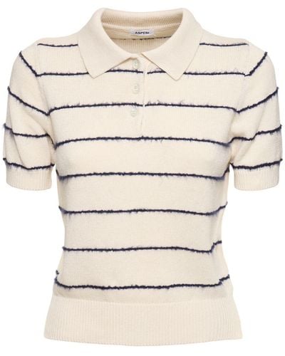 Aspesi Striped Knit Short Sleeve Polo Top - Natural