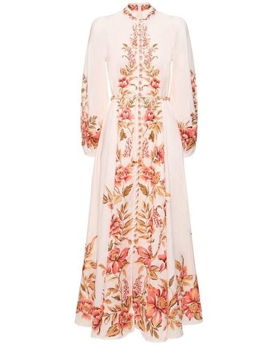 Zimmermann Vacay Billow Printed Linen Long Dress - Pink