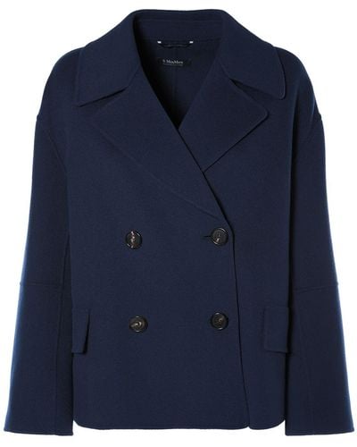 Max Mara Cape Wool Double Breasted Jacket - Blue