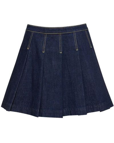 KENZO Pleated Cotton Denim Mini Skirt - Blue