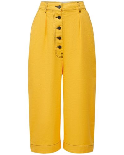 Loewe Pantaloni Cropped In Tela Di Cotone E Lino - Giallo