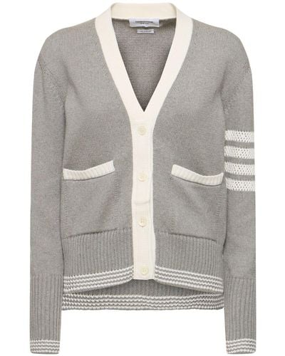 Thom Browne Cotton Knit 4 Stripe Cardigan W/ Pockets - Grey