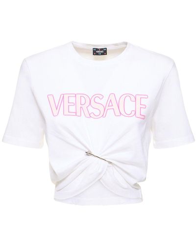 Versace Logo Print Cotton Crop T-shirt W/pin - White