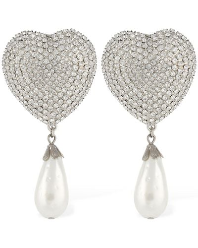 Alessandra Rich Heart Crystal & Faux Pearl Drop Earrings - White